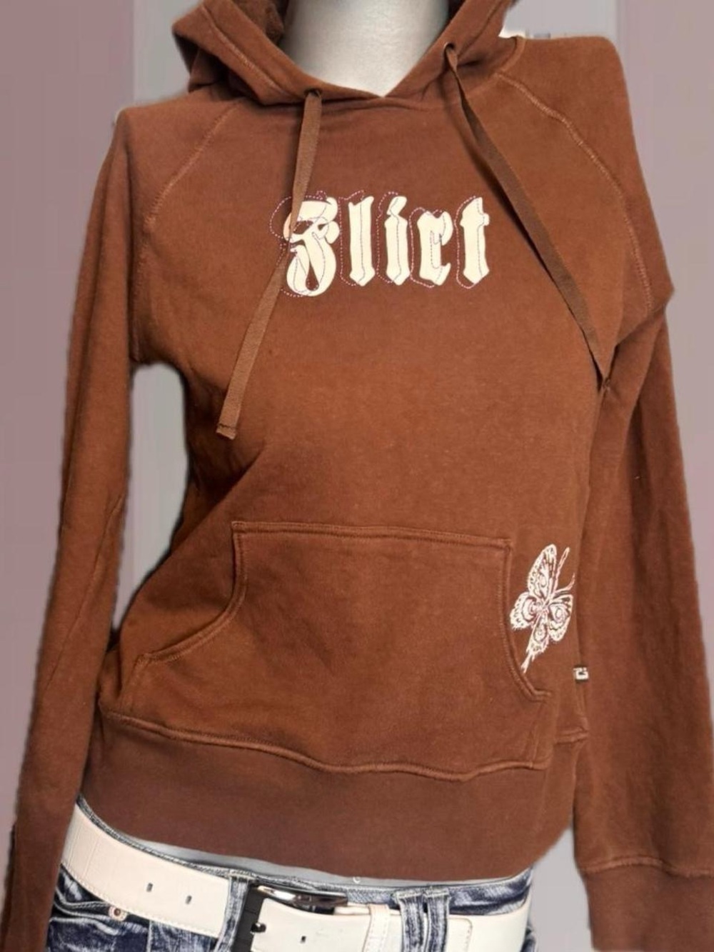 Y2K “FLIRT” Brown Hoodie W/ Butterfly Details